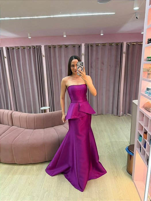 VESTIDO SEREIA TOMARA QUE CAIA FUCSIA PEPLUM EM ZIBELINE