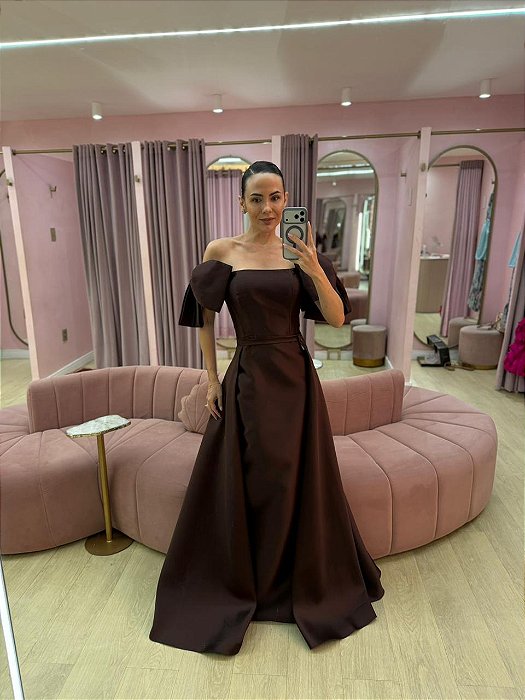 VESTIDO ZIBELINE TOMARA QUE CAIA OMBRO A OMBRO MARROM COM SAIA REMOVIVEL PRINCESA