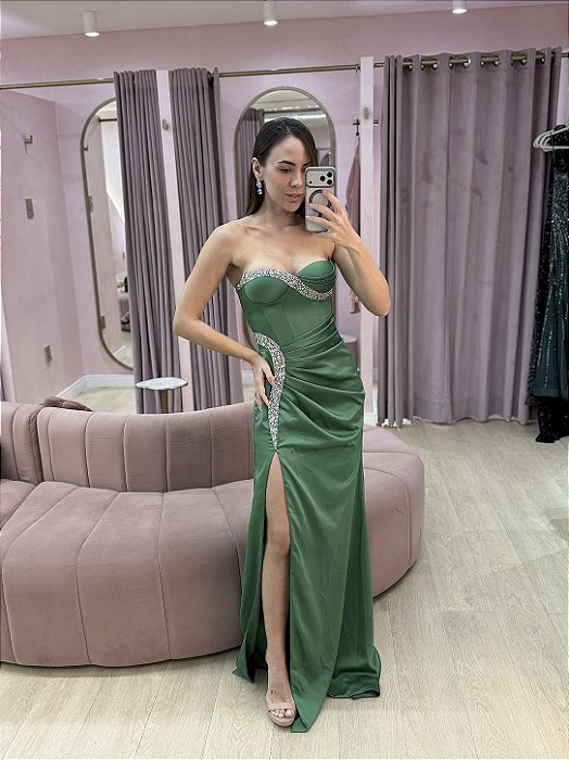 VESTIDO TOMARA QUE CAIA ESTRUTURADO VERDE ACETINADO COM BORDADO PRATA