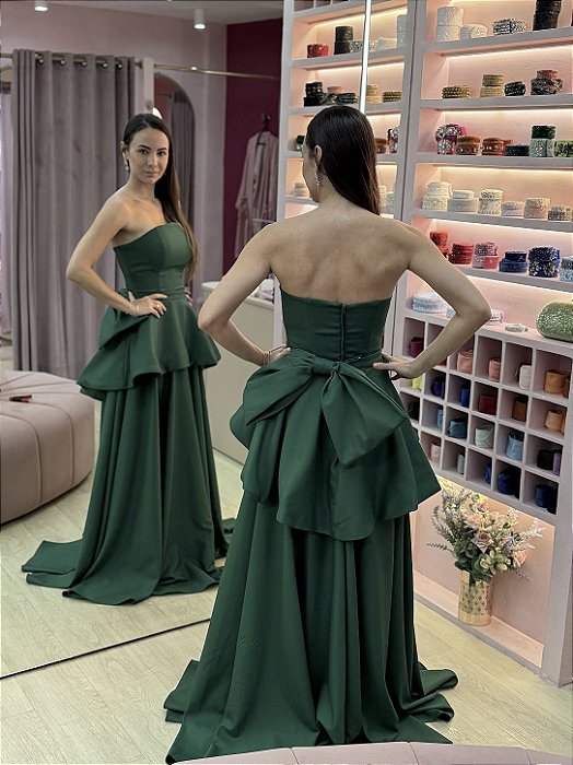 VESTIDO VERDE TOMARA QUE CAIA CREPE PEPLUM SAIA PRINCESA COM CINTO LAÇO