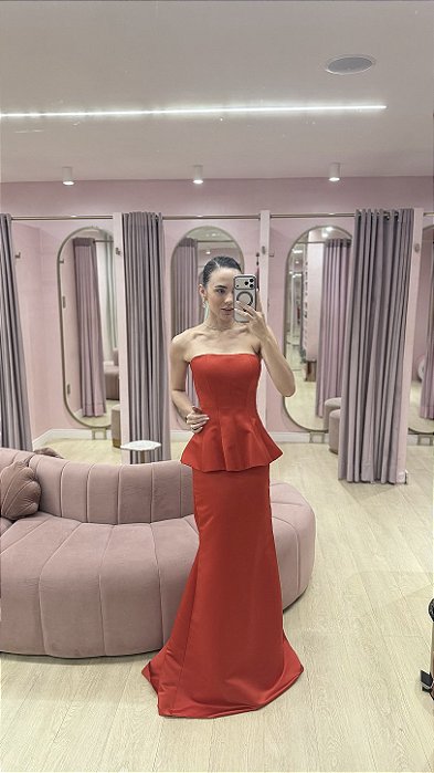 VESTIDO VERMELHO PEPLUM TOMARA QUE CAIA CETIM DE SEDA