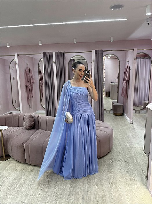 VESTIDO AZUL SERENITY TULE OMBRO UNICO CAPA BUSTO DRAPEADO CINTURA BAIXA