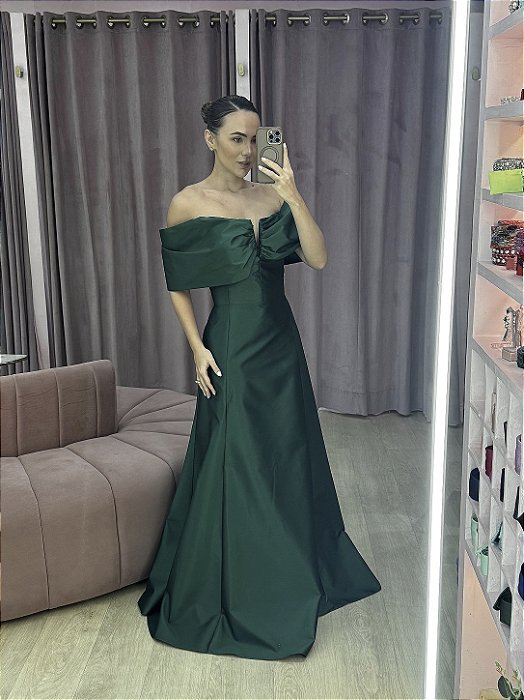 VESTIDO VERDE ESMERALDA TAFETA OMBRO A OMBRO SAIA SEREIA