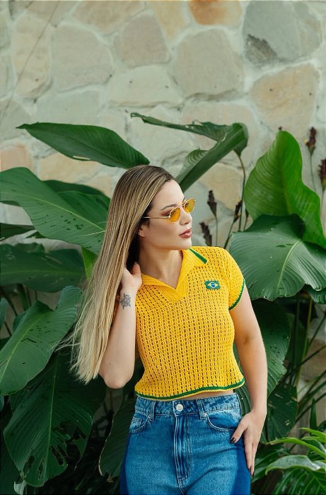 Blusa Cropped Crochê Amarela Feminina