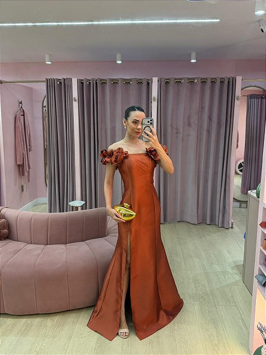 VESTIDO TERRACOTA ZIBELINE OMBRO A OMBRO CORSELET