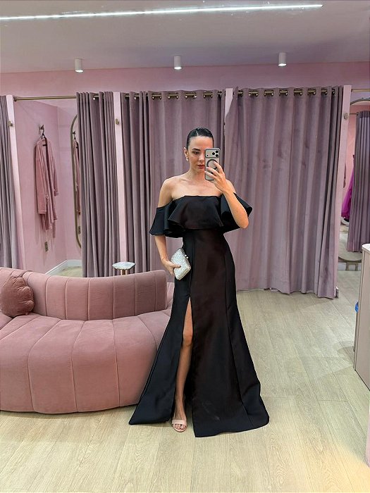 VESTIDO OMBRO A OMBRO FOLHO EM ZIBELINE PRETO COM FENDA