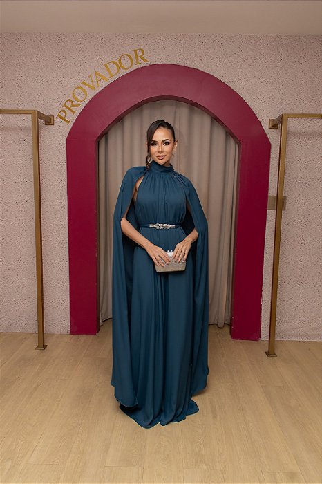 VESTIDO TUNICA AZUL PETRÓLEO MUSSELINE GOLA LATA CAPA OMBRO REMOVIVEL E CINTO