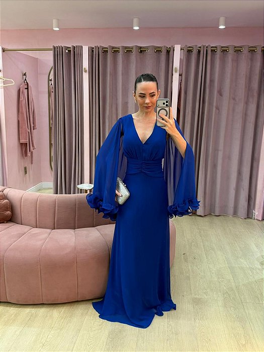 VESTIDO AZUL ROYAL MUSSELINE REGATA COM CAPA REMOVIEL COM DETALHE NA PONTA