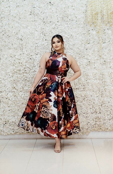 VESTIDO MIDI COM ESTAMPA DE FLORES MARROM TERRACOTA FRENTE ÚNICA