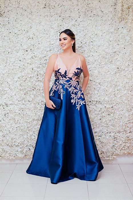 VESTIDO AZUL MARINHO PRINCESA COM BUSTO ROSÊ BORDADO