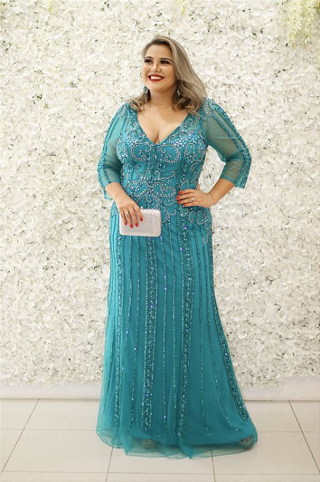 VESTIDO VERDE TURQUESA TODO BORDADO COM MANGA EM TULE