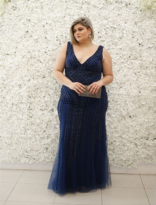 VESTIDO PS AZUL MARINHO REGATA BORDADO EM CANUTILHOS