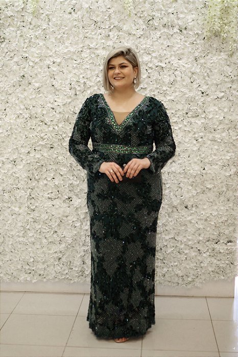 VESTIDO VERDE ESMERALDA EM PEDRARIA COM MANGAS