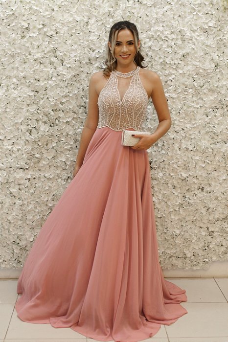 VESTIDO AMÉLIA ROSÊ COM SAIA GODÊ PÉROLAS NO BUSTO GOLA ALTA