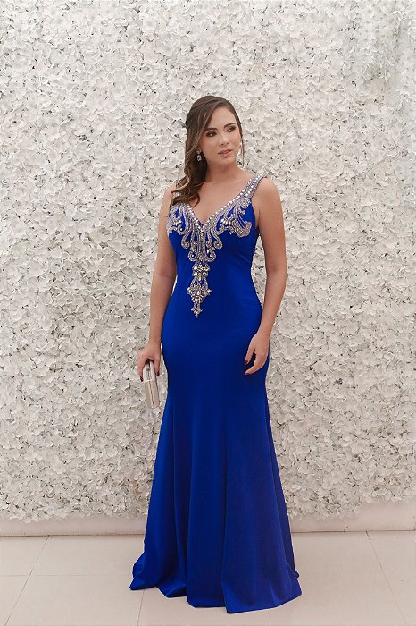 VESTIDO AZUL ROYAL SEREIA COM BUSTO DECOTE BORDADO