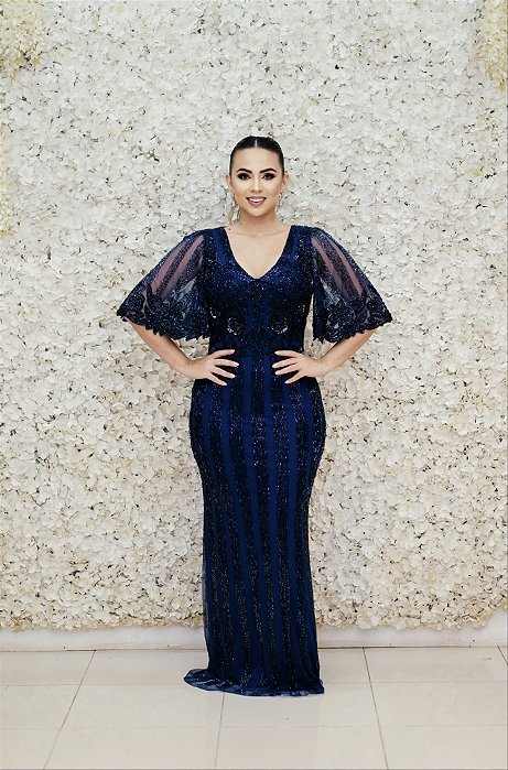 VESTIDO NY AZUL MARINHO COM MANGAS BORBOLETA TODO BORDADO EM TULE