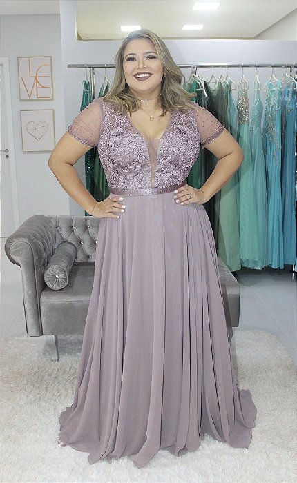 VESTIDO PS LAVANDA COM APLICAÇÃO COM MANGAS E SAIA FLUÍDA