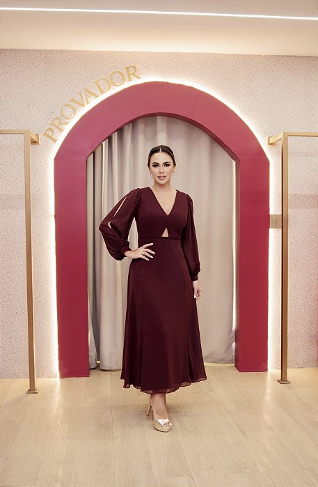 VESTIDO UVA/ ROXO MIDI MANGA LONGA FLUÍDO