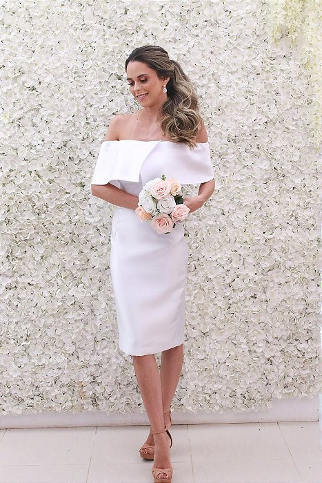 VESTIDO BRANCO OFF WHITE OMBRO A OMBRO ZIBELINE DECOTE ENVELOPE
