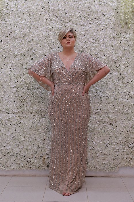 VESTIDO NY NUDE METALIZADO COM PEDRARIA E FRANJAS CAPA