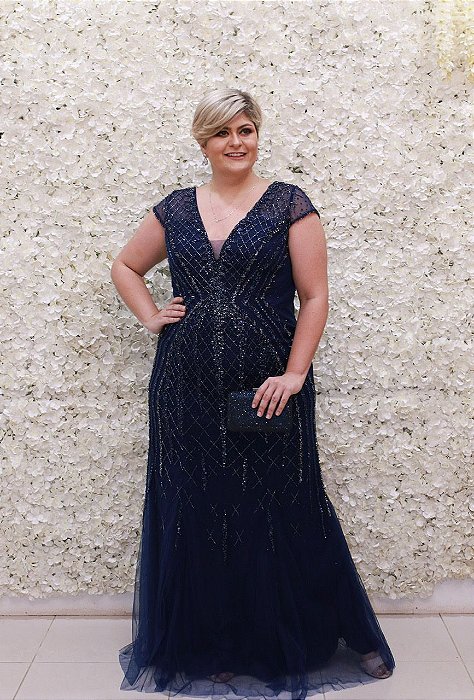 VESTIDO PS AZUL MARINHO TODO BORDADO EM TULE MANGUINHA MCP