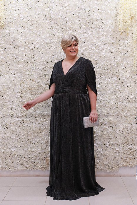 VESTIDO PS PRETO EM LUREX METALIZADO MANGA CAPA