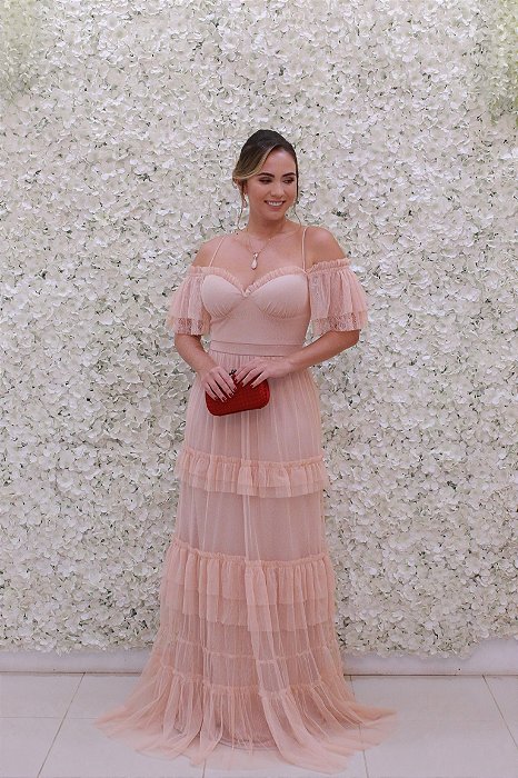 BAZAR - VESTIDO SH NUDE COM MANGUINHA FOLHOS EM CAMADA DE TULE