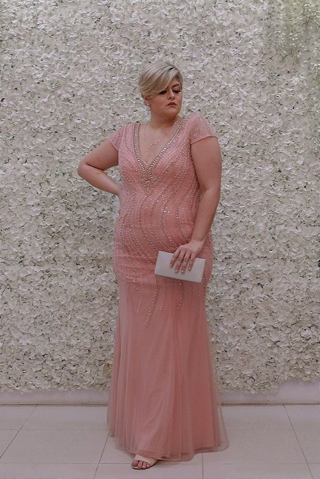 VESTIDO PS ROSE TODO BORDADO EM TULE SEREIA MANGA LARGA