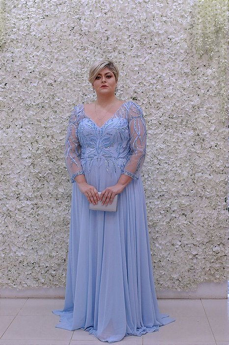 VESTIDO PS AZUL SERENITY MANGAS COM BUSTO BORDADO E SAIA FLUIDA