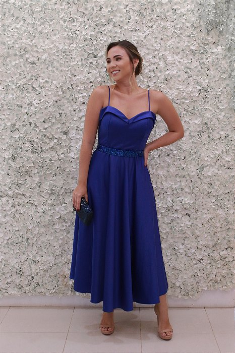 VESTIDO MIDI AZUL BIC LOR COM BUSTO CORSELET CREPE