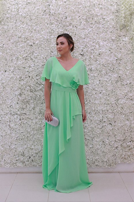 VESTIDO VERDE MINT COM MANGUINHA FOLHOS COM DETALHE FLOR FLUIDO