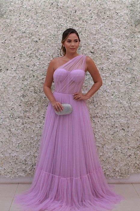 VESTIDO OMBRO UNICO LAVANDA TODO EM TULE