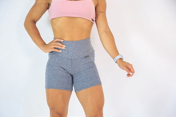 Short Corrida Feminino Suplex Cinza com Bolsos / Cintura Alta