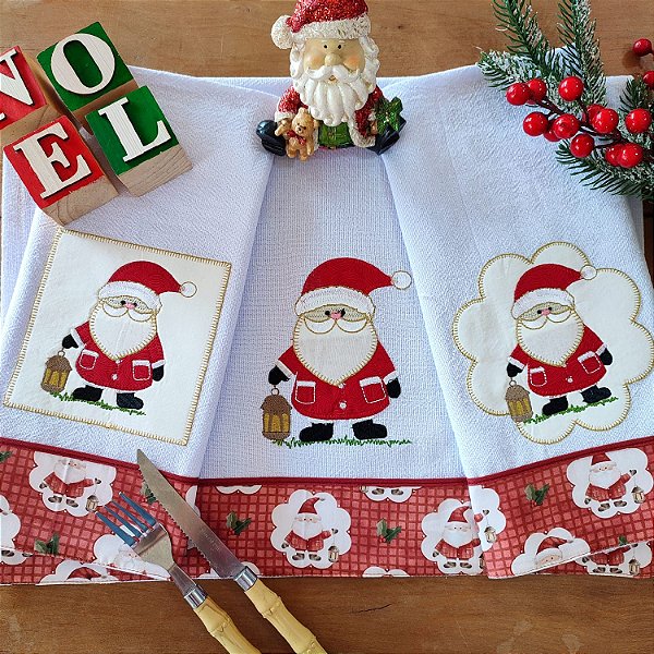 NATAL - KIT 3 PANOS DE PRATO PAPAI NOEL LUZ DIVERSOS, 65X44CM