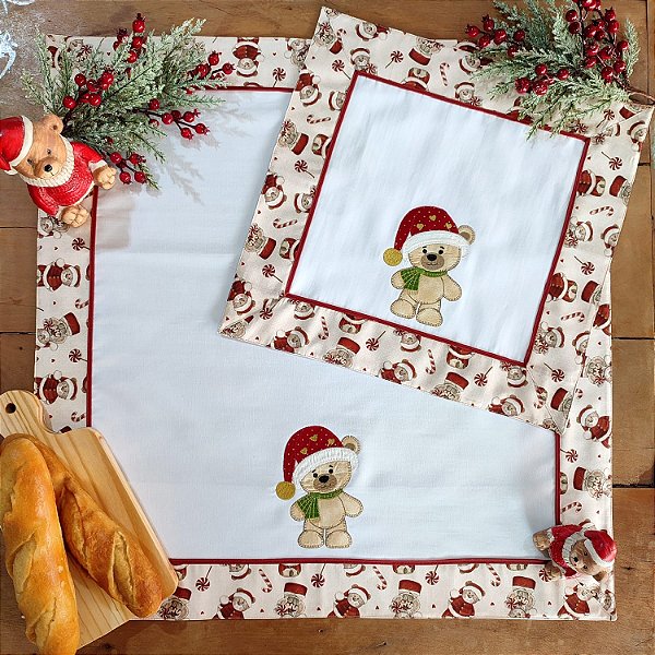 NATAL - CENTRO DE MESA E FOGÃO URSO, 100% Algodão.