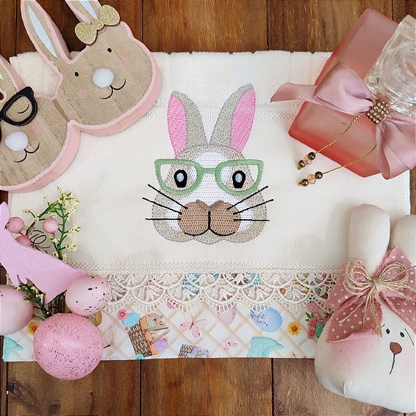 PÁSCOA - TOALHA DE LAVABO AVULSO COELHO ÓCULOS VERDE