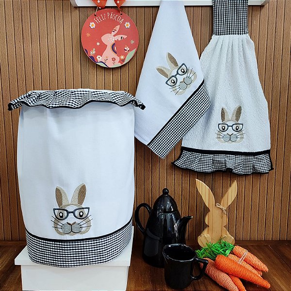 KIT 3 PEÇAS PÁSCOA COELHO ÓCULOS - PANO DE PRATO, BATE MÃO E GALÃO