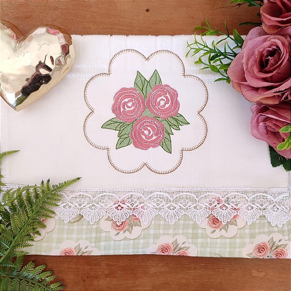 TOALHA DE LAVABO AVULSO BORDADO - ROSAS VERDE MEDALHÃO, 30CM X 45CM