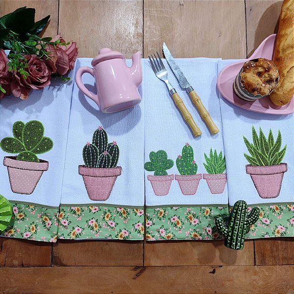 Kit 4 Pano de Prato – Cactos, 65cm x 44cm.