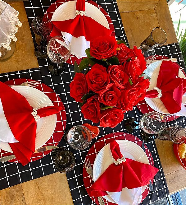 Kit Mesa Posta 4 lugares Completos - Grid Preto/Vermelho