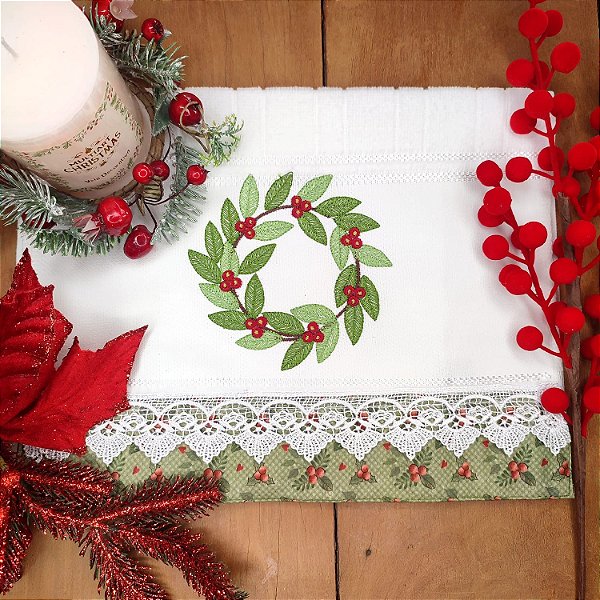 NATAL - TOALHA DE LAVABO BORDADA - GUIRLANDA CAFÉ
