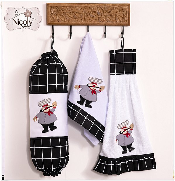 KIT 3 PEÇAS COZINHEIRO - BATE MÃO, PUXA SACO E PANO DE PRATO.