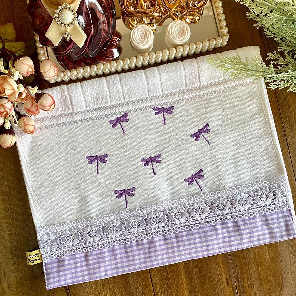 TOALHA DE LAVABO AVULSO BORDADO - LIBELULAS LILÁS, 30CMX45CM