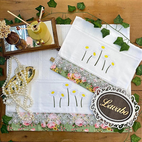 Kit Rosto E Lavabo Bordado - MARGARIDA BRANCA.