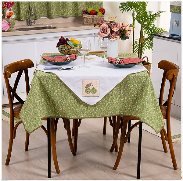 Toalha de Mesa Para 4 Cadeiras – Cereja verde, 1,40m x 1,40cm.