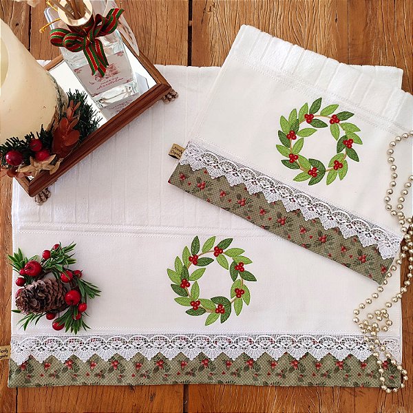 NATAL - KIT ROSTO E LAVABO BORDADO - GUIRLANDA CAFÉ