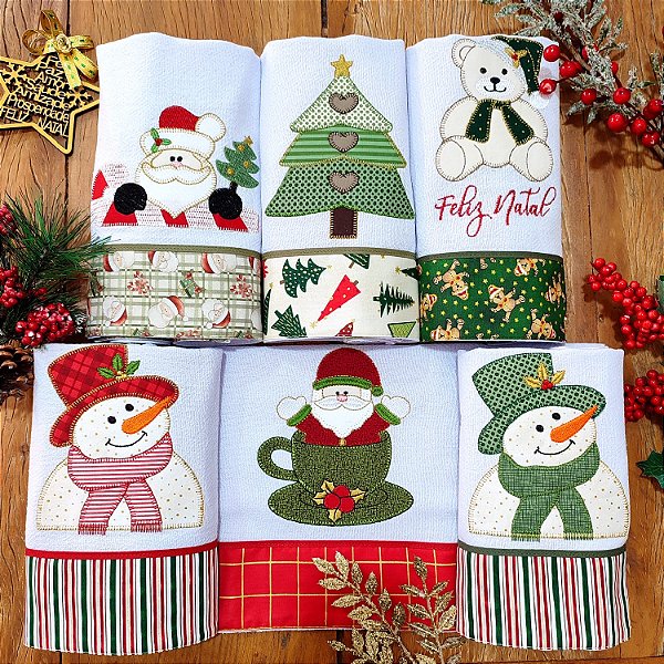 NATAL - KIT 6 PANO DE PRATO BORDADOS 01, 65cm x 44cm.