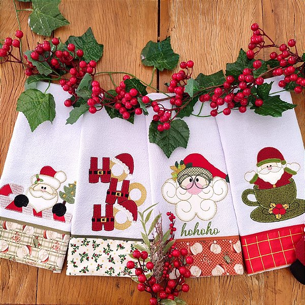 NATAL - KIT 4 PANOS DE PRATO BORDADOS 01, 65CM X 44CM