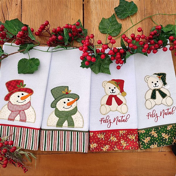 NATAL - KIT 4 PANOS DE PRATO BORDADOS, 06 65CM X 44CM