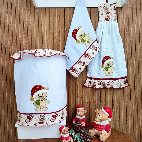 NATAL - KIT 3 PEÇAS URSO - GALÃO, BATE MÃO E PANO DE PRATO.